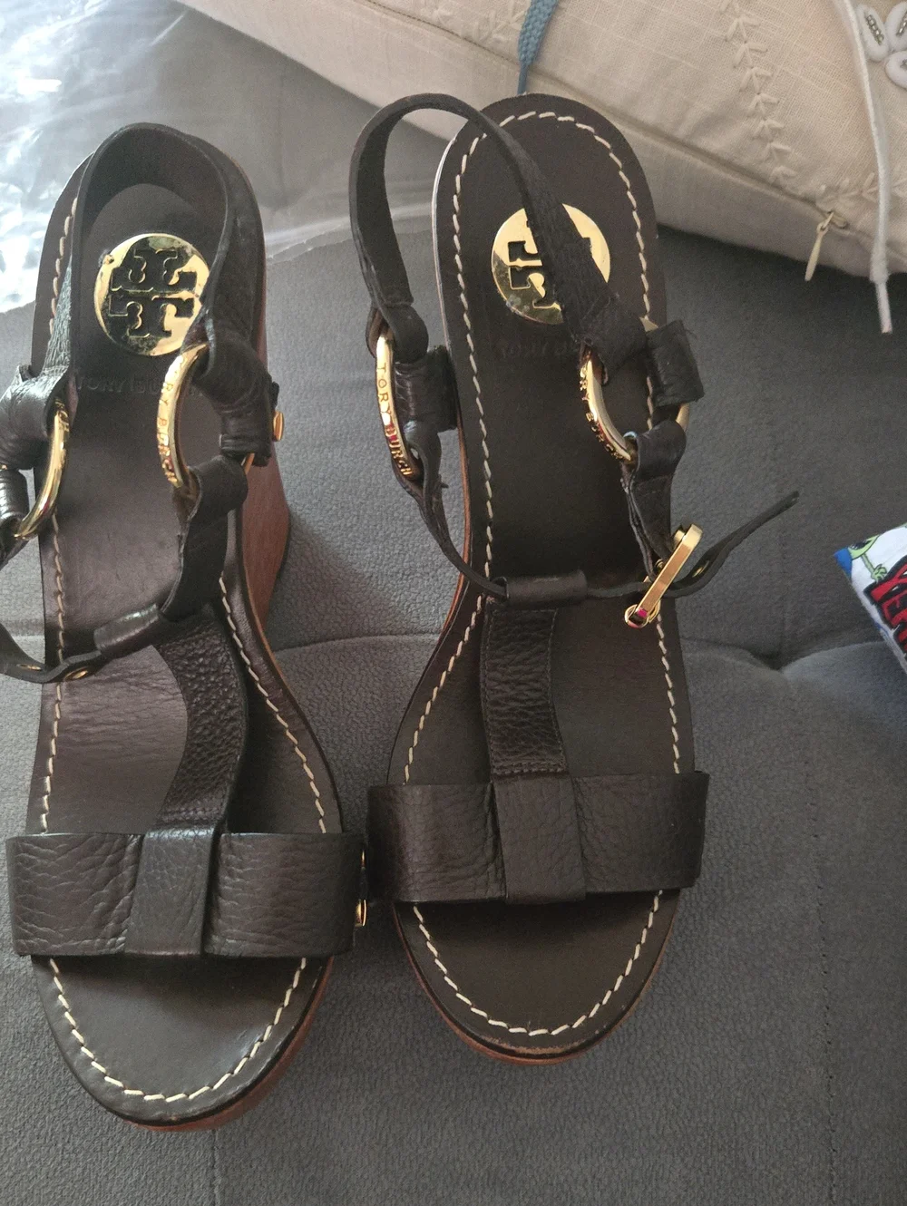 Tory Burch Dark Brown Leather Wedge Sandals with Gold Logo